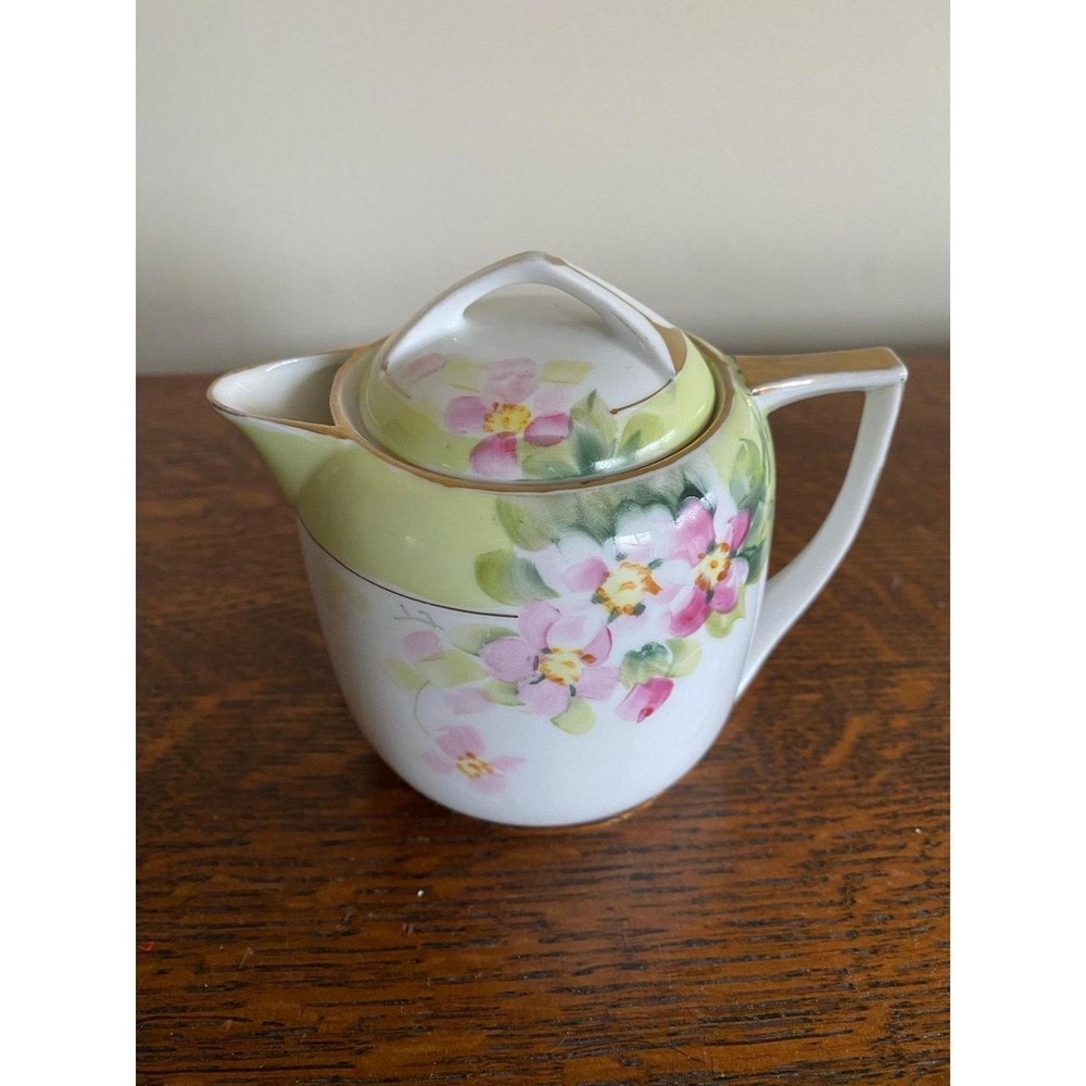 Nippon Hand-panted Creamer Azalea Floral ceramic pitcher with lid gold trim D6